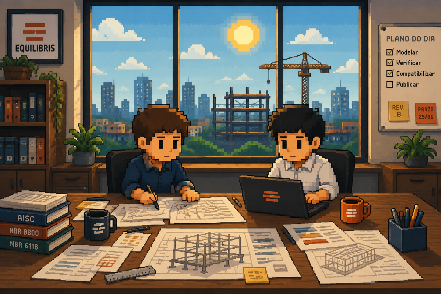 Duas pessoas trabalhando no mesmo projeto, com o plano do dia e a revisão à vista