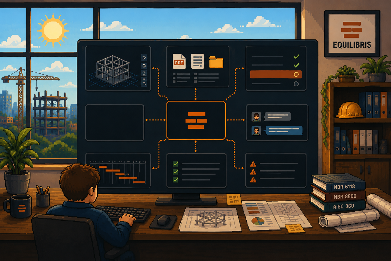O projeto inteiro num painel: modelo, arquivos, cronograma, requisitos e a conversa da equipe