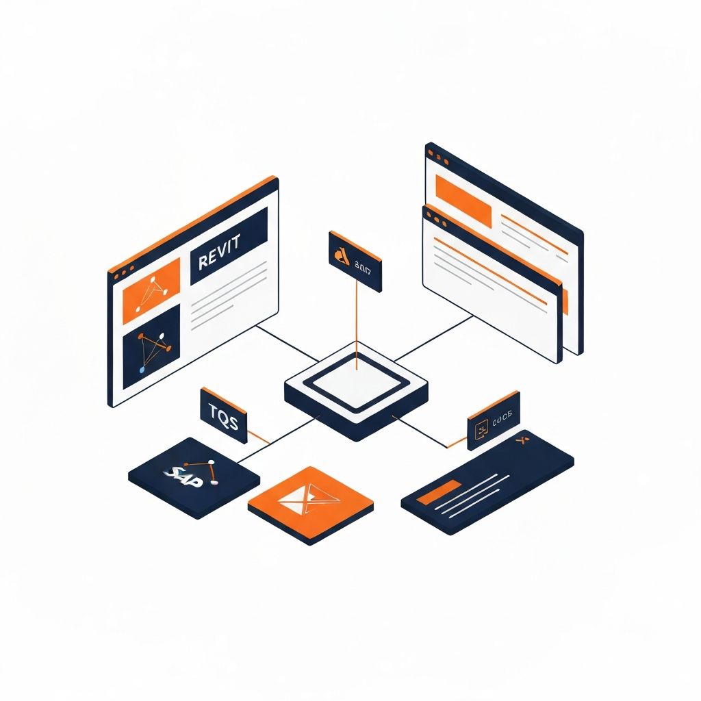 Ilustração isométrica de integração com Revit, TQS e SAP